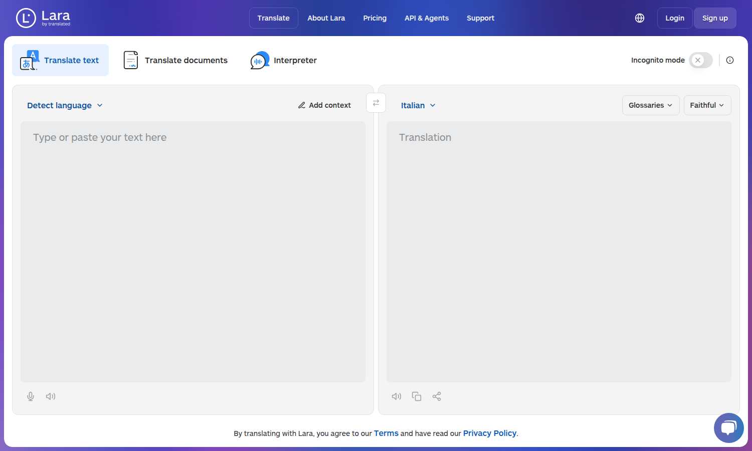 Lara Translate application interface and features