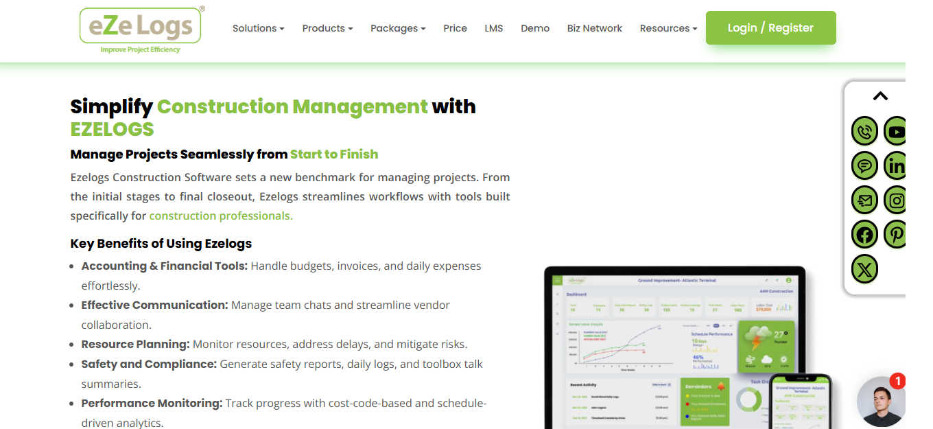 Ezelogs AI Powered Construction Industry Software application interface and features