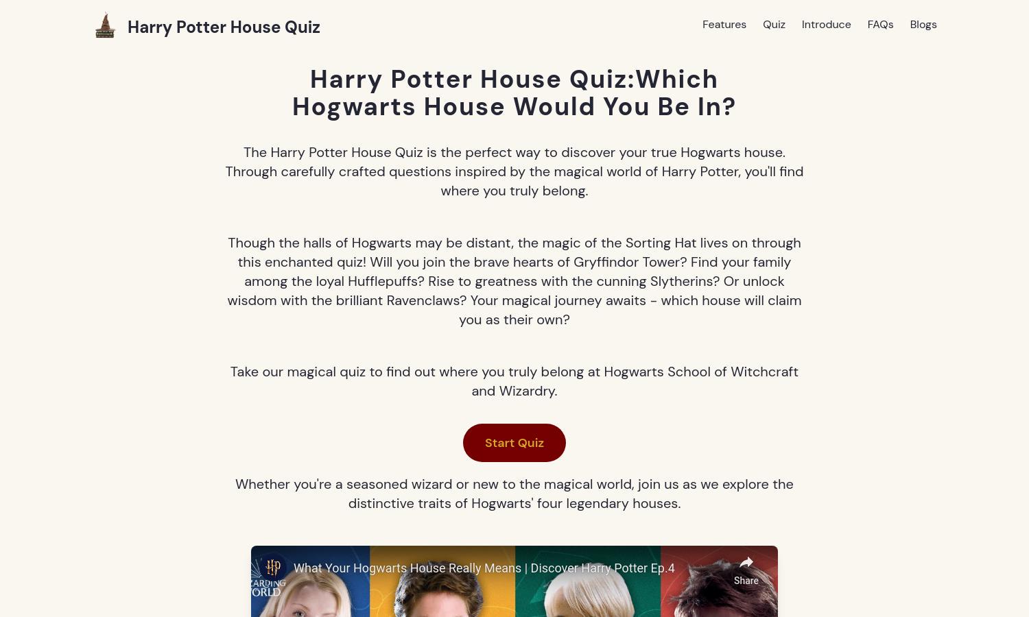 Harry Potter House Quiz Website