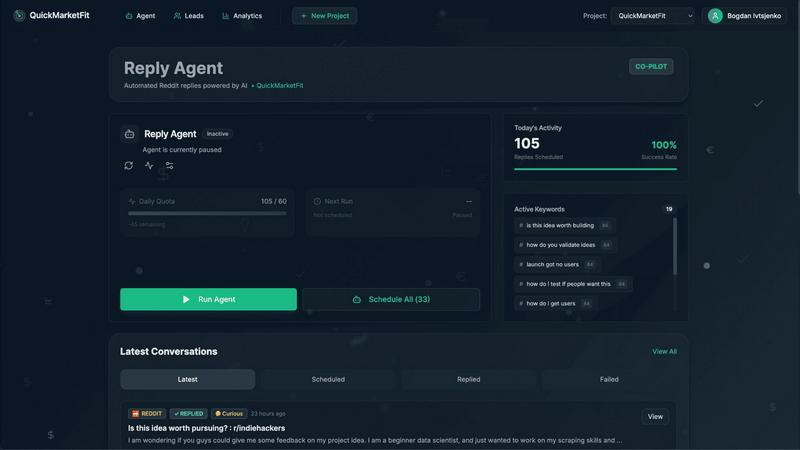 QuickMarketfit application interface and features